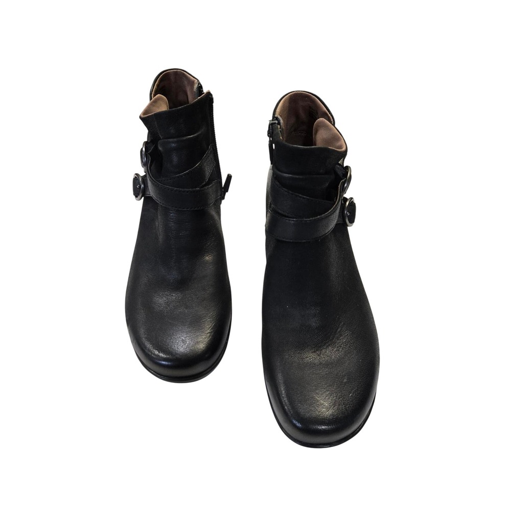 Dansko Black Leather Double Buckle Ankle Boots Side Zip Low Wedge Size 38